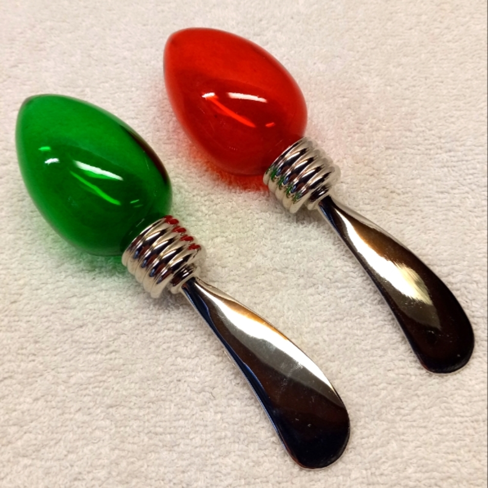 Mud Pie GLASS Christmas Light Bulbs Butter Knife Cheese Spreader Silver Finish